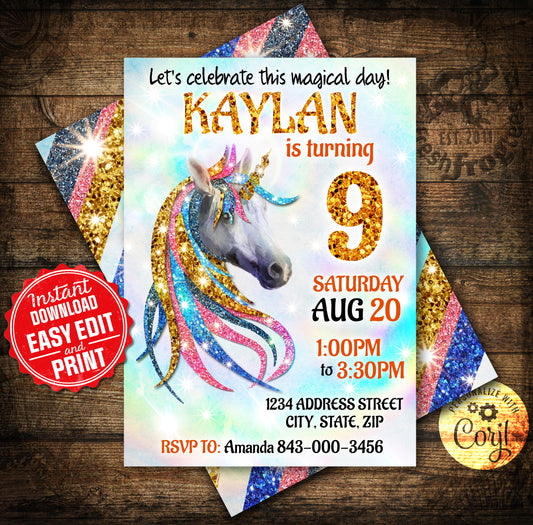 Unicorn Birthday Invitation, Horse birthday invite
