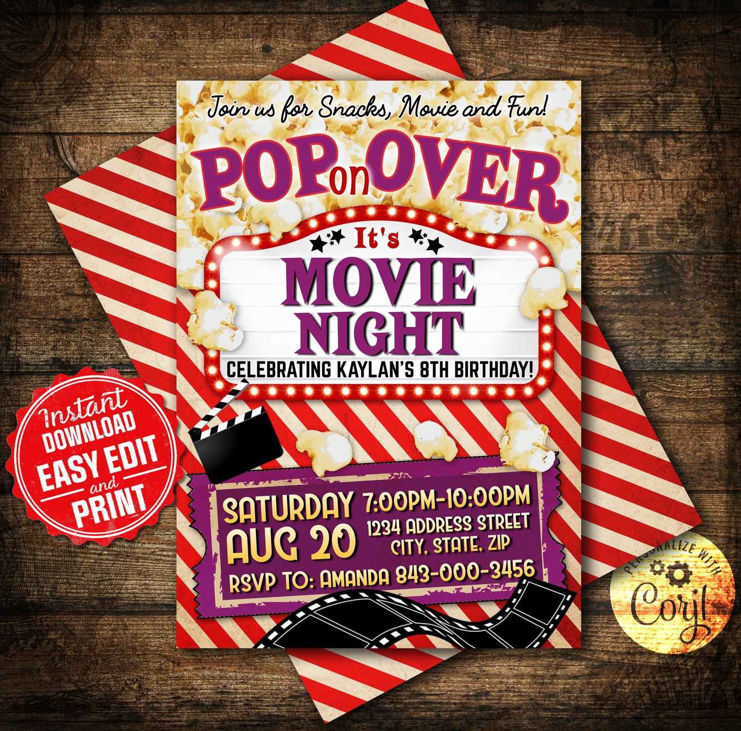 Colorful movie night birthday invitation template with popcorn, film reel, stars, and customizable text