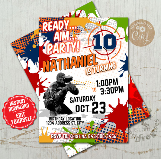 Paintball birthday invitation printable digital invite - EASY EDIT!