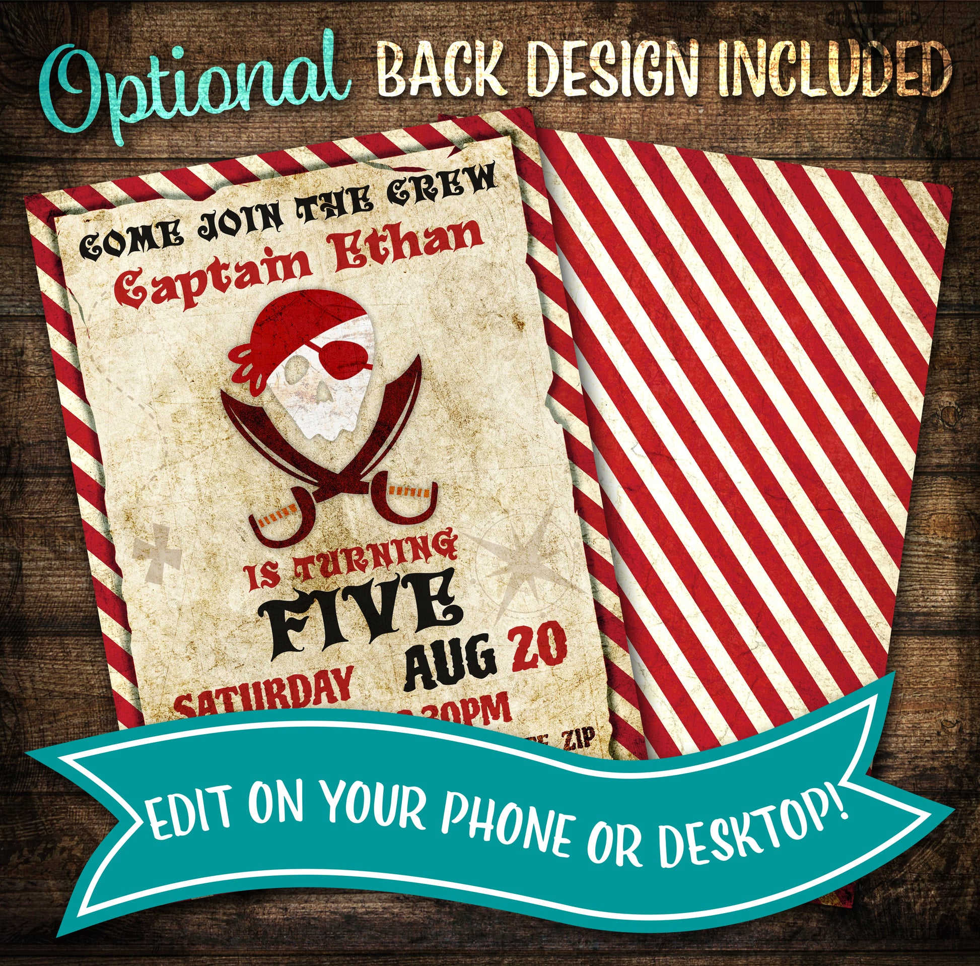 Pirate skull birthday invite with back design