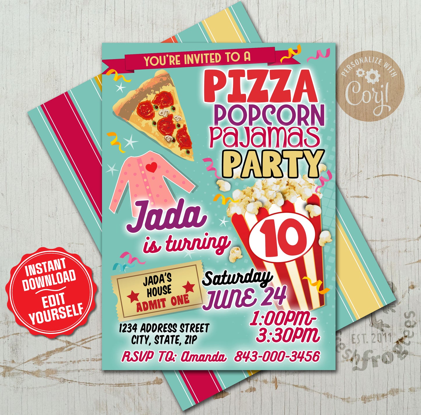 Pizza Popcorn Pajamas Slumber Party Birthday Invitation Template