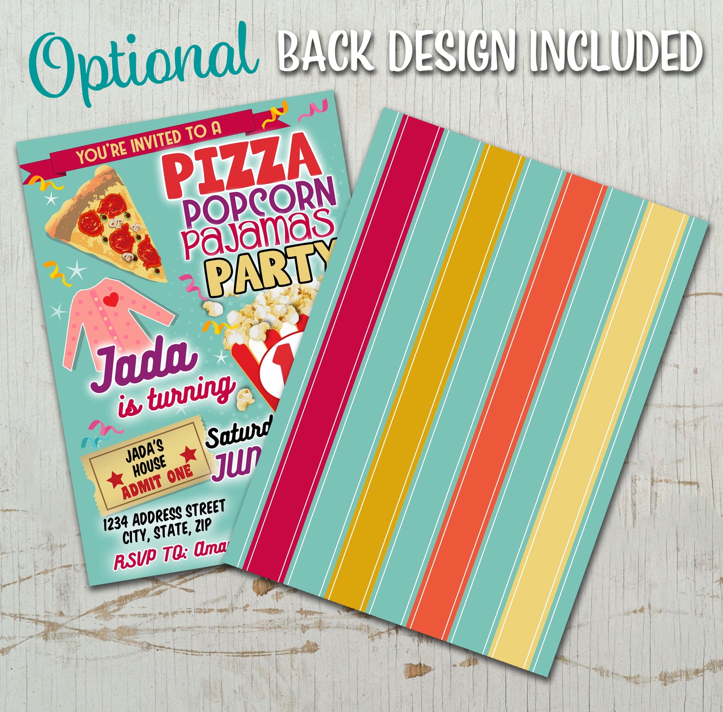 Pizza Popcorn Pajamas Birthday Invitation Template