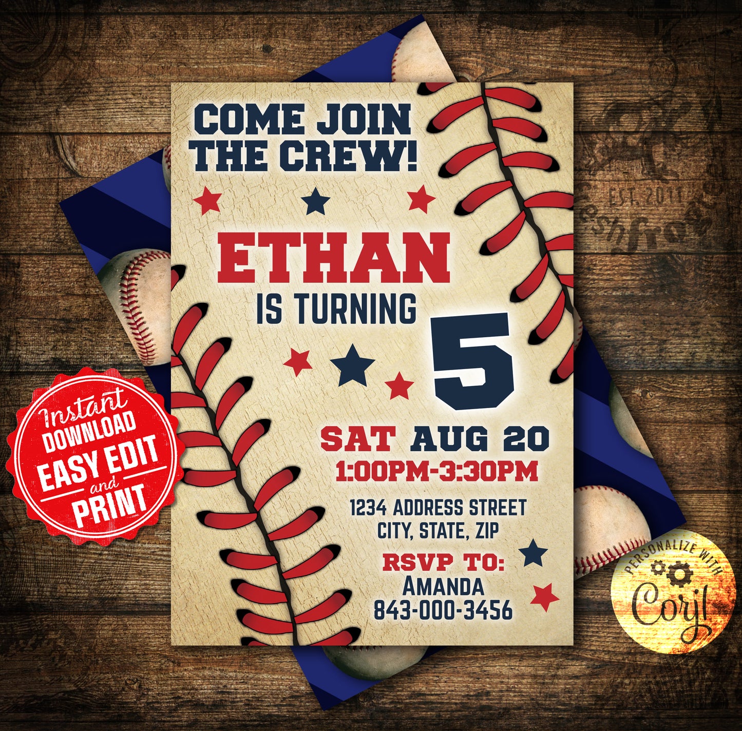Baseball Invitation Birthday Party Editable RSVP