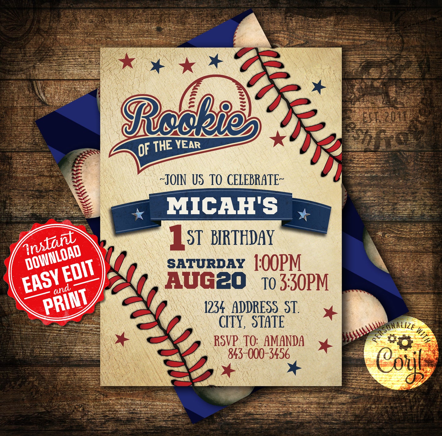 Rookie of the year baseball birthday invitation