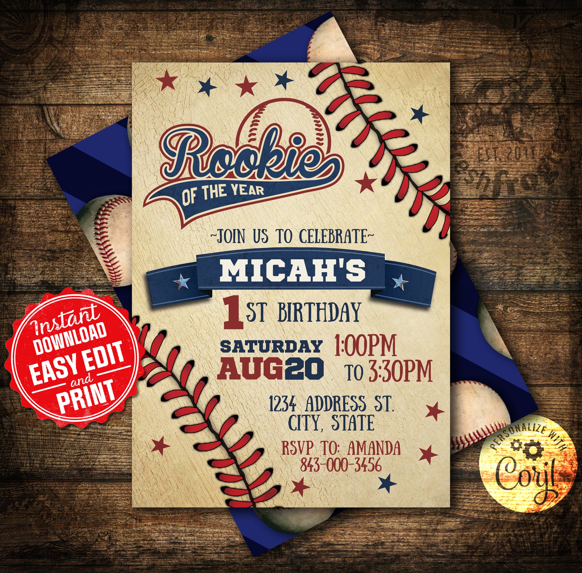 Rookie of the year baseball birthday invitation