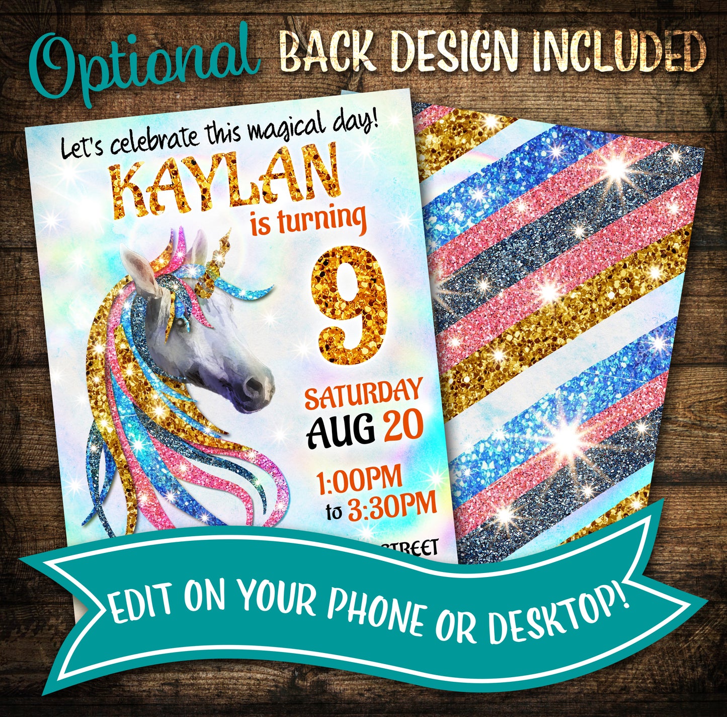 Unicorn Birthday Invitation, Horse birthday invite