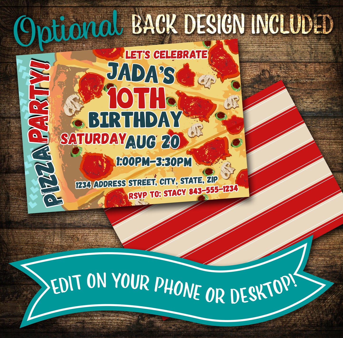 Pizza Birthday Invitation rsvp-Easy Edit!