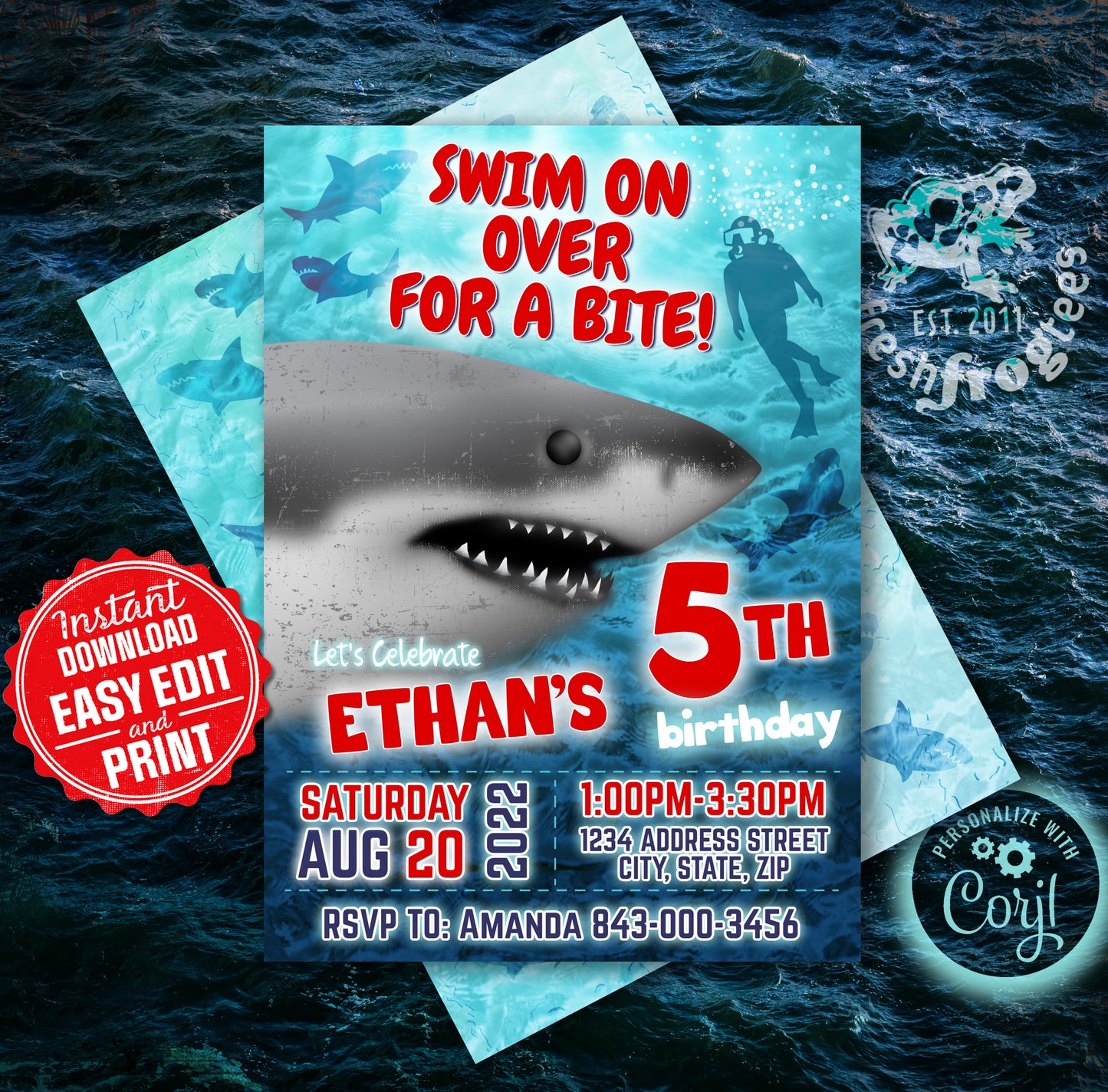 Great white shark birthday invitation template with underwater theme