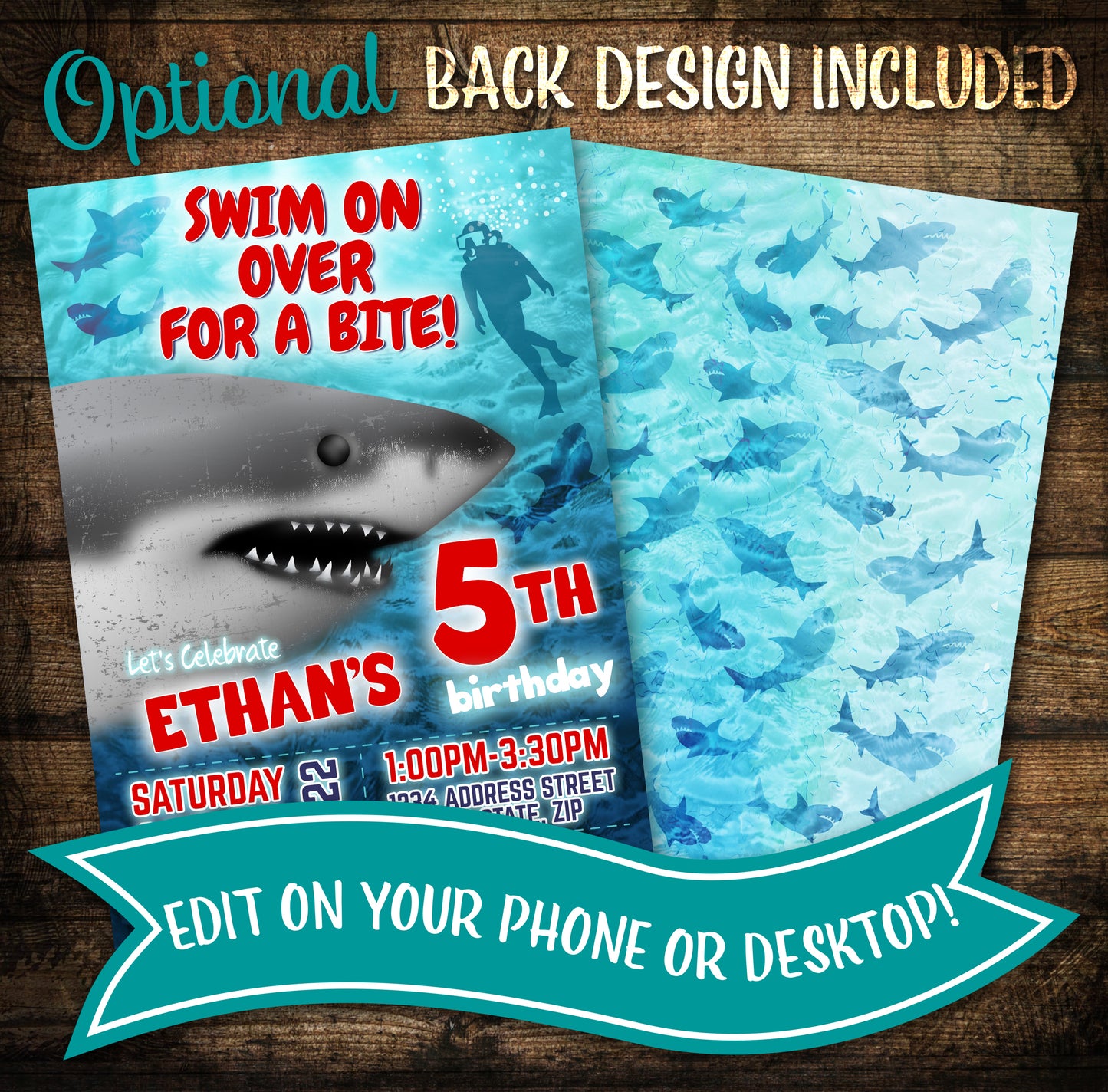 Shark birthday invitation great white back design