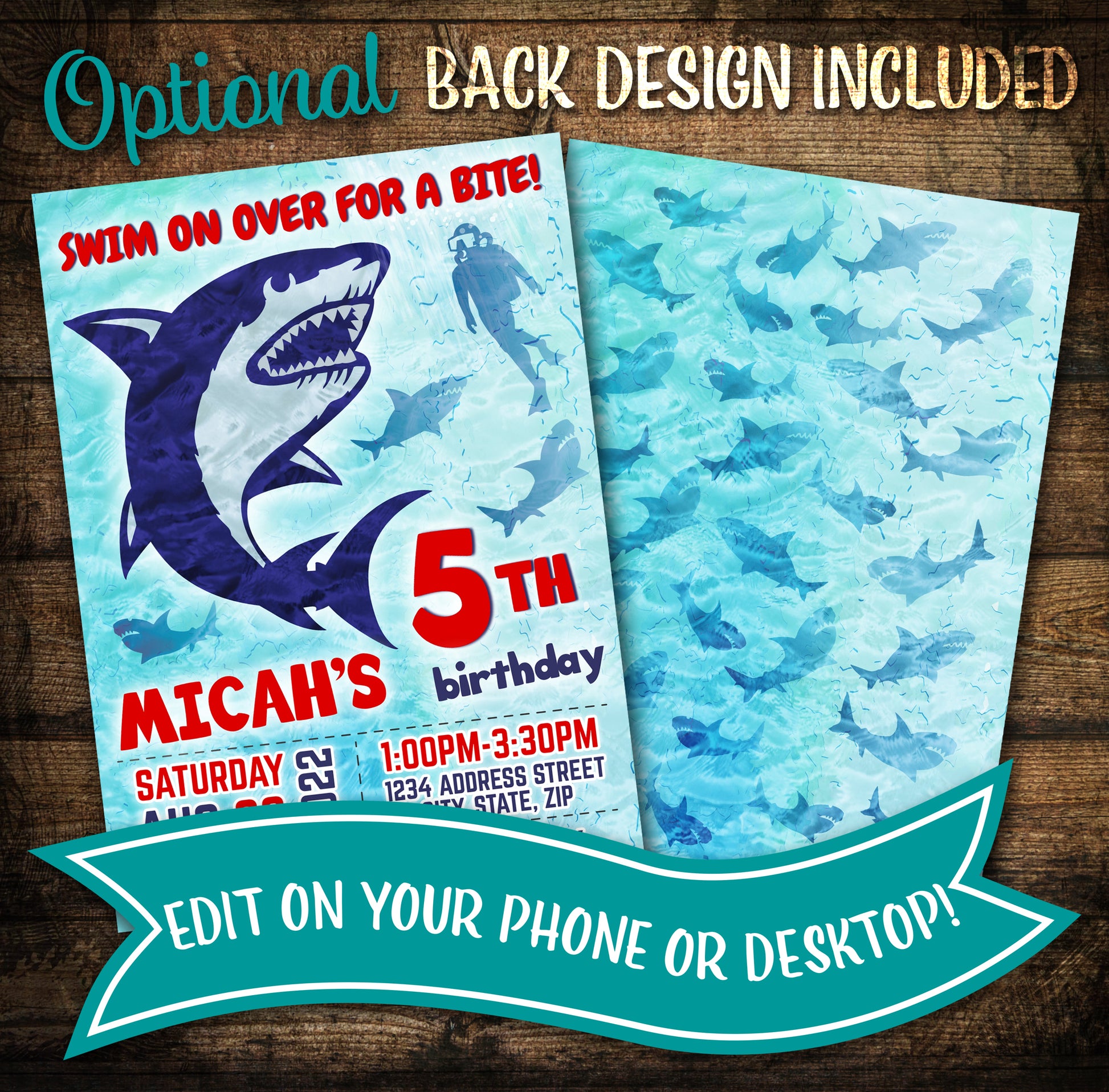 Shark birthday invitation great white back design