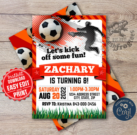 Soccer Birthday Invitation orange invite digital file