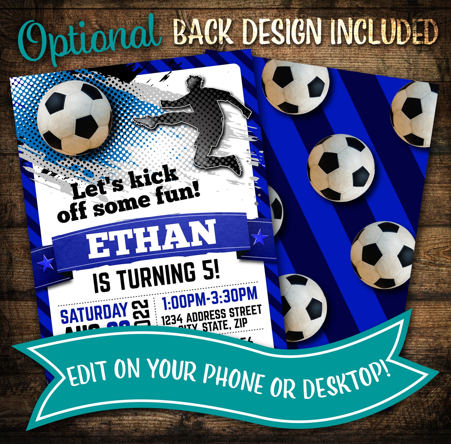 Soccer birthday invite blue digital download