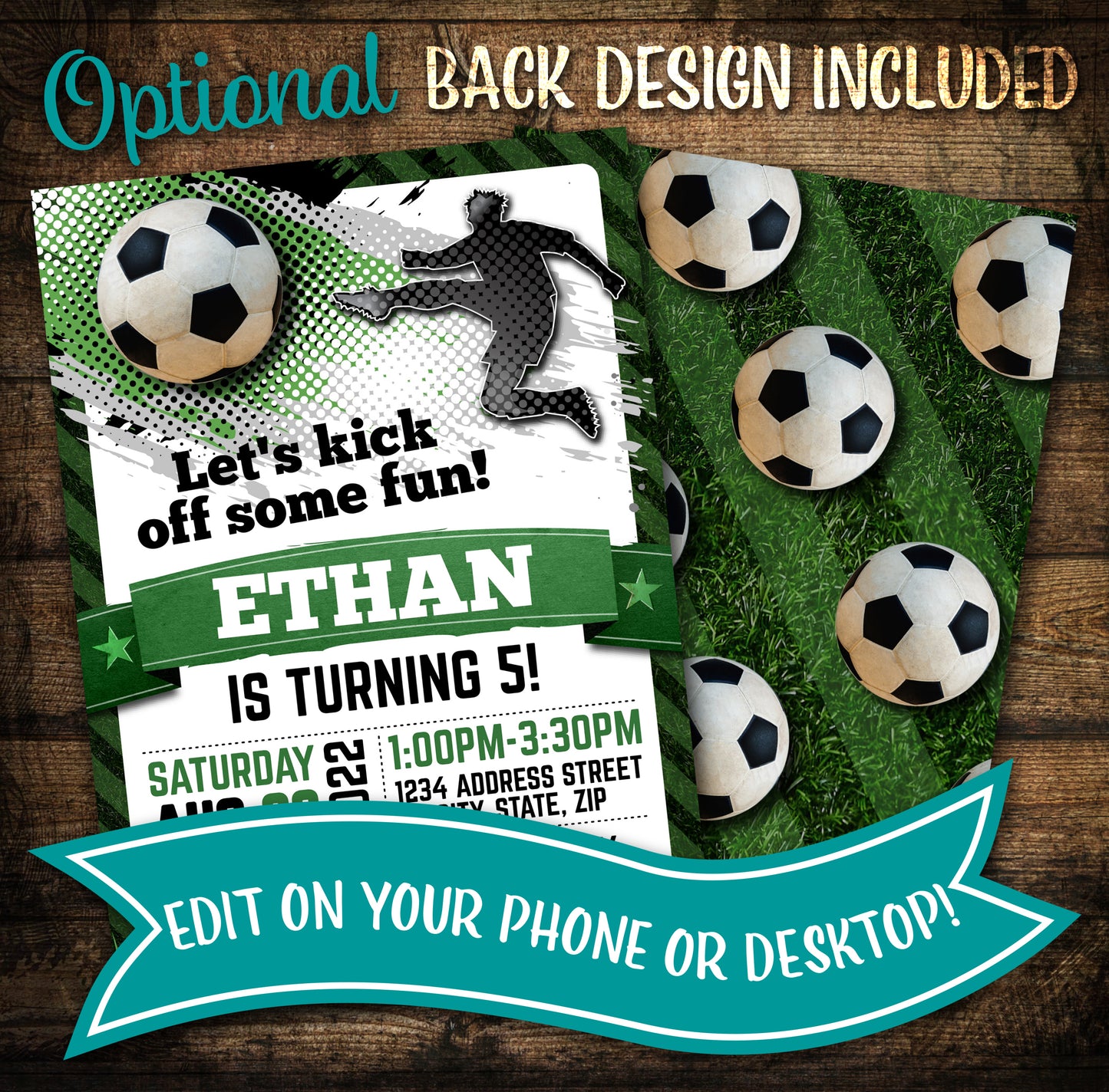 Soccer birthday invitation green with back design