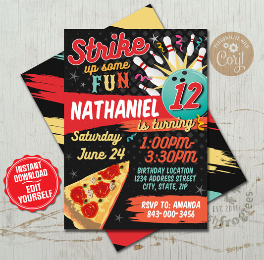 Bowling birthday pizza party invitation boys or girls