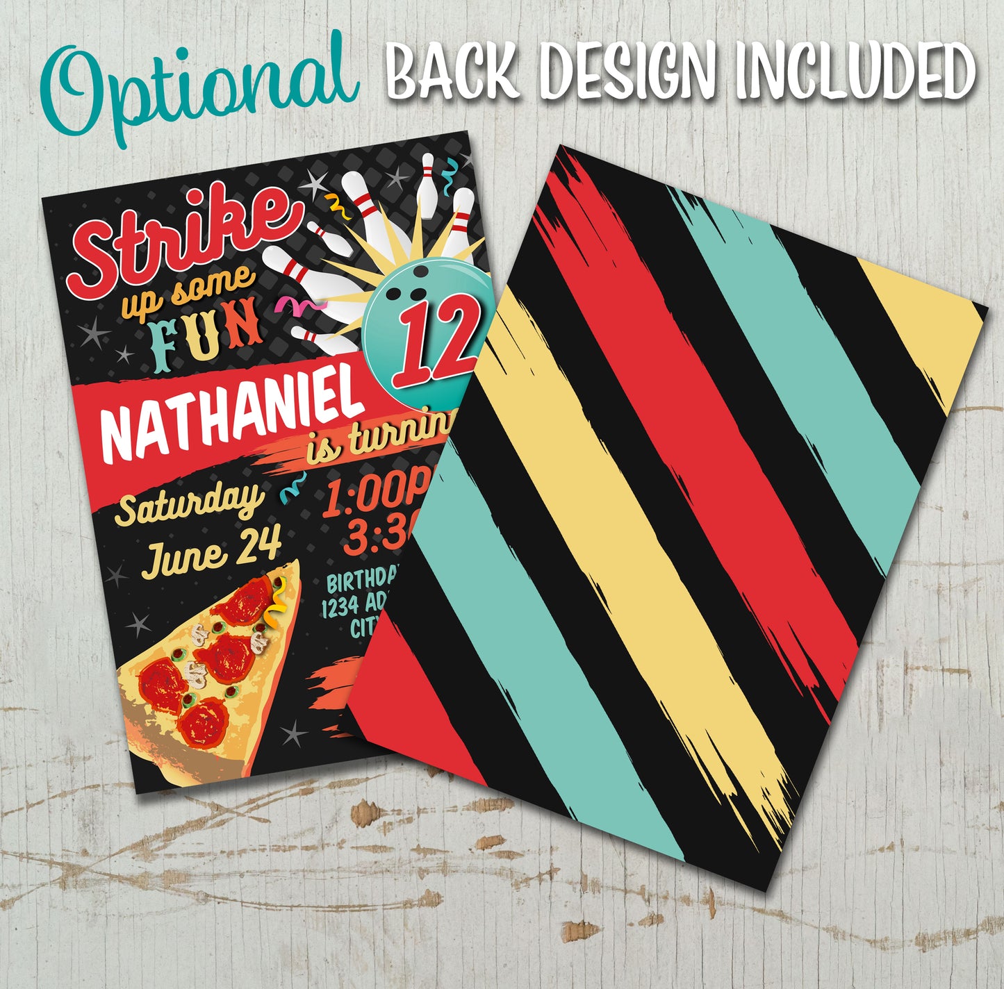 Bowling birthday pizza party invitation boys or girls