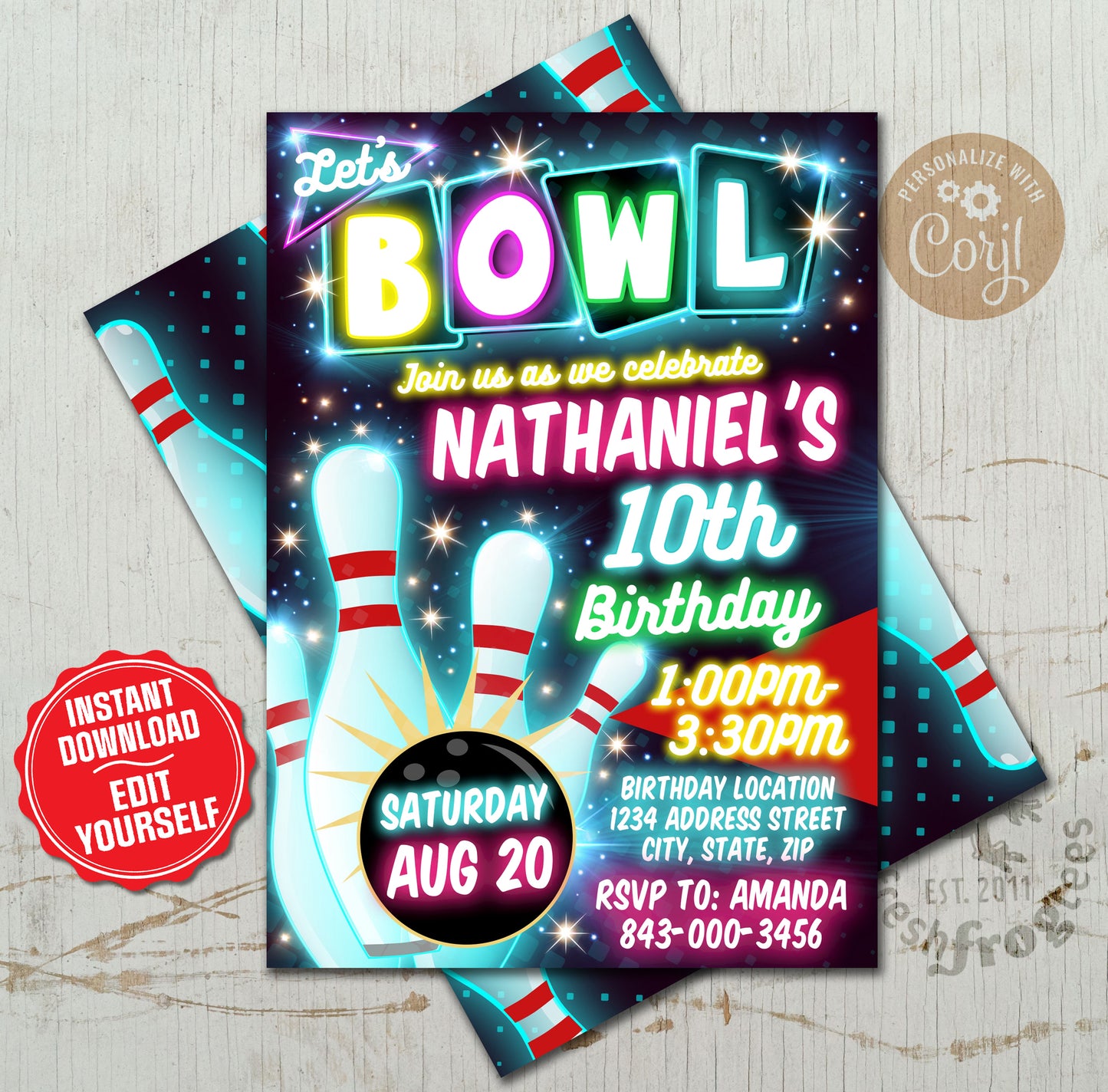 Neon glow bowling birthday invitation template with colorful bowling pins and glowing neon lights, customizable for kids' birthdays.