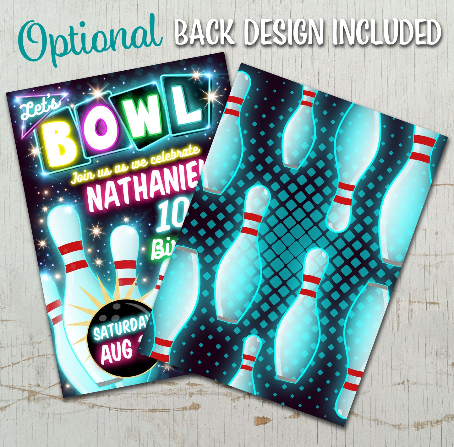 Bowling birthday party neon invitation for boys or girls - EASY EDIT!