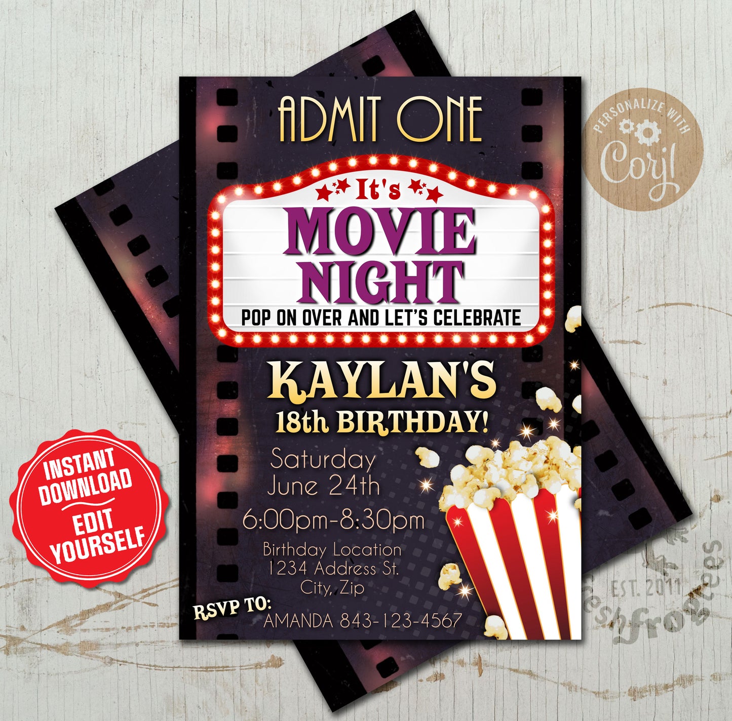 Vintage fun movie night birthday invitation template with film strip, marquee and popcorn