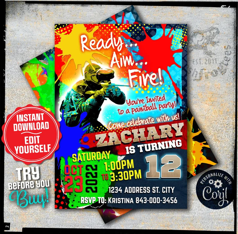 Paintball birthday invitation template - EASY EDIT!