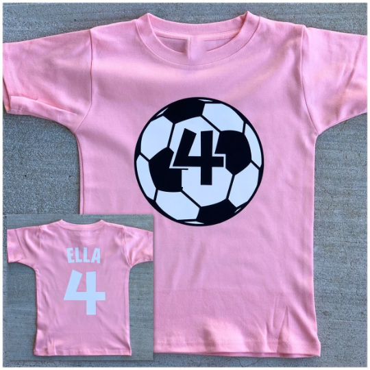 soccer ball birthday on light pink shirt