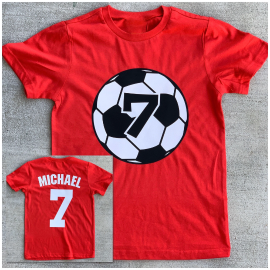 soccer ball birthday on red shirt