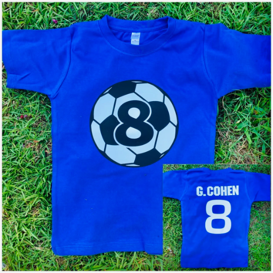 soccer ball birthday on royal blue shirt