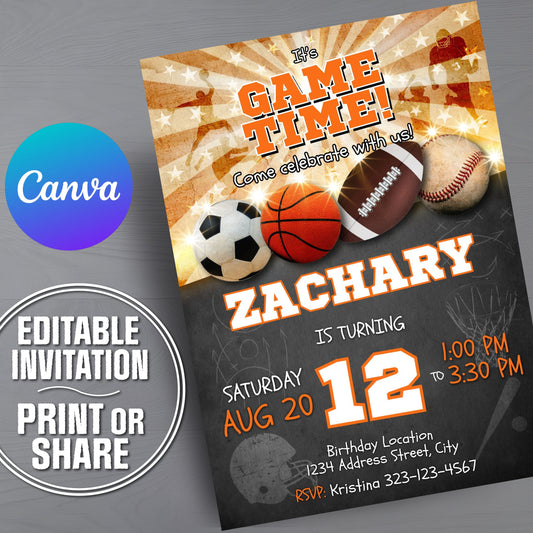 Birthday invitation card with sports theme and Canva branding