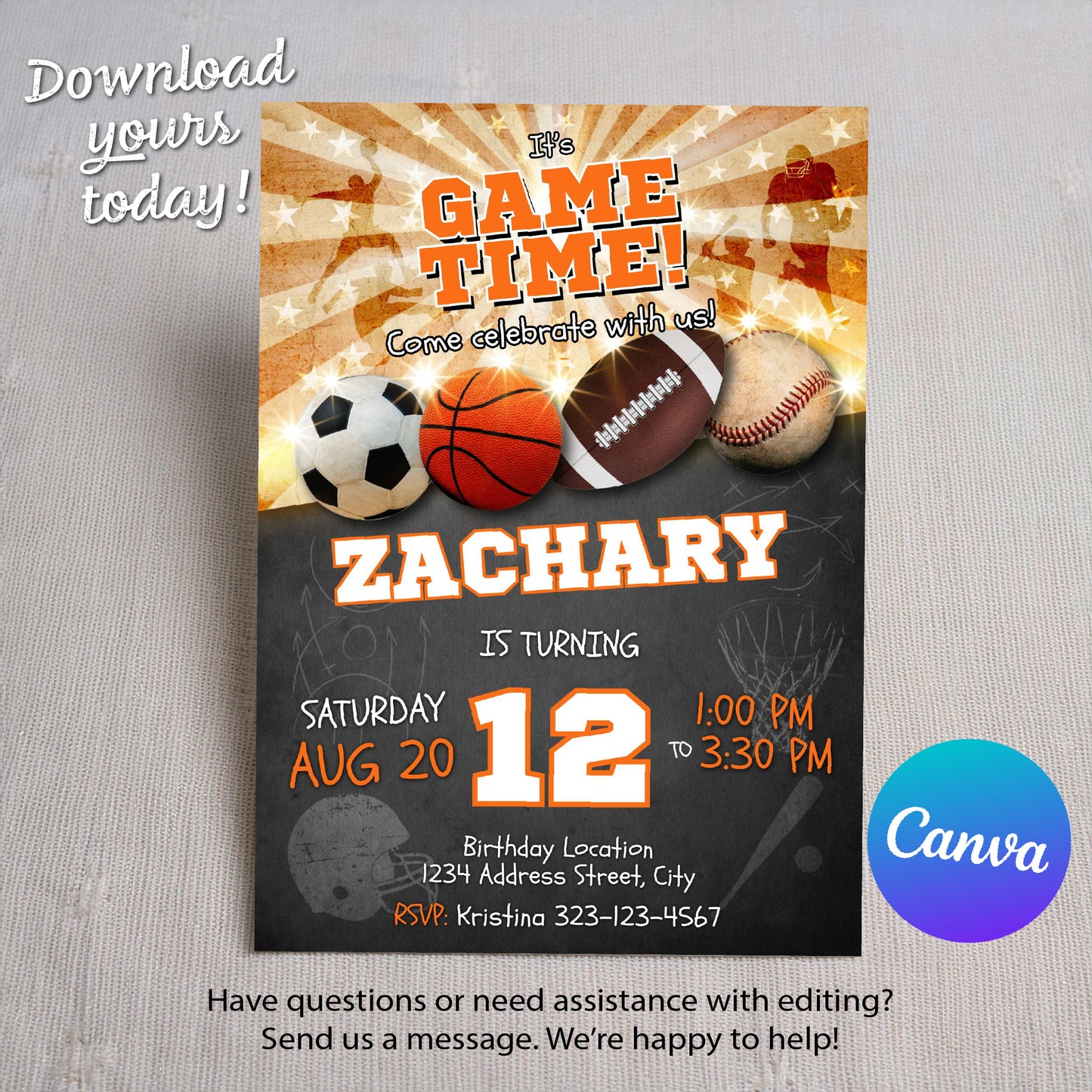 Assorted sports birthday invitation digital download