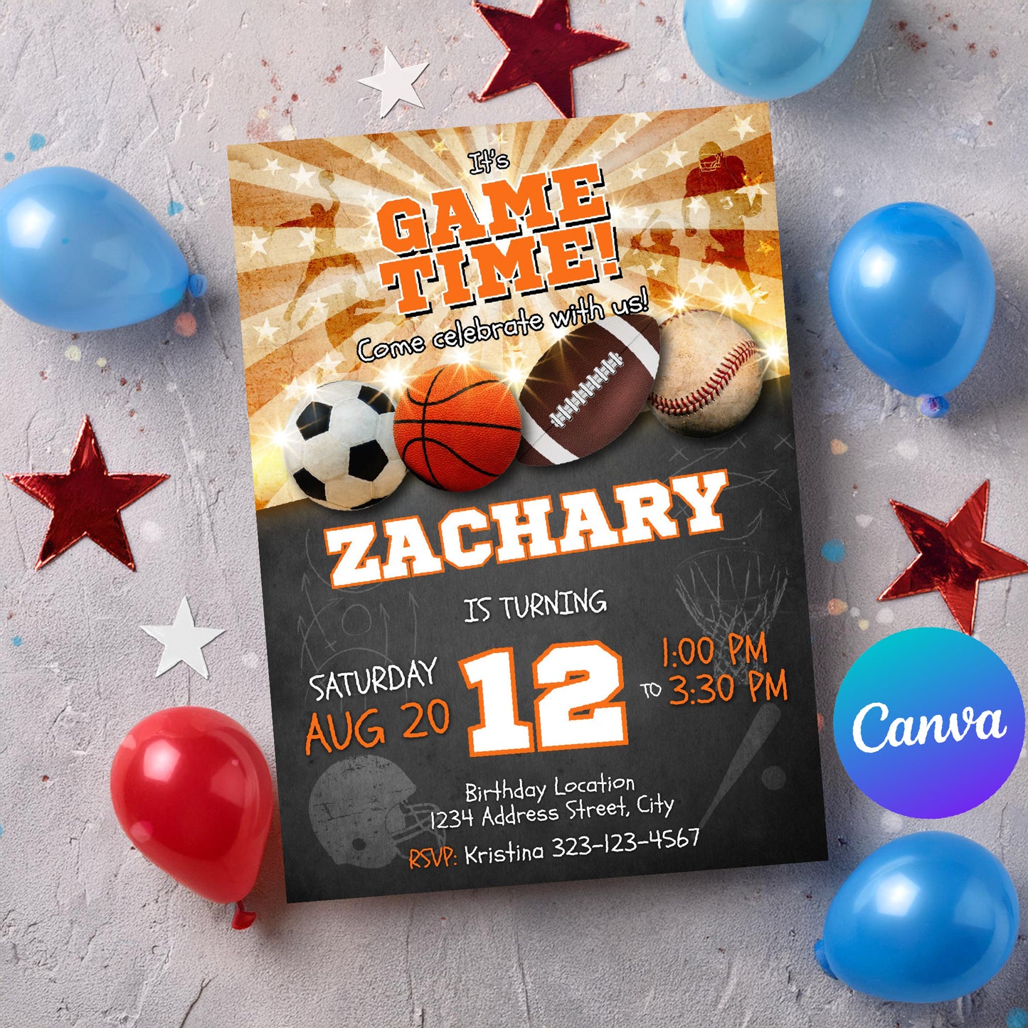 Assorted sports birthday invitation digital download