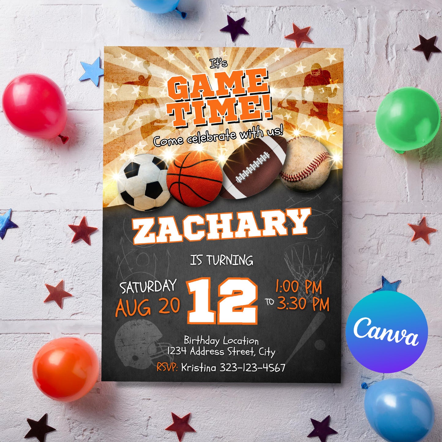 Assorted sports birthday invitation digital download