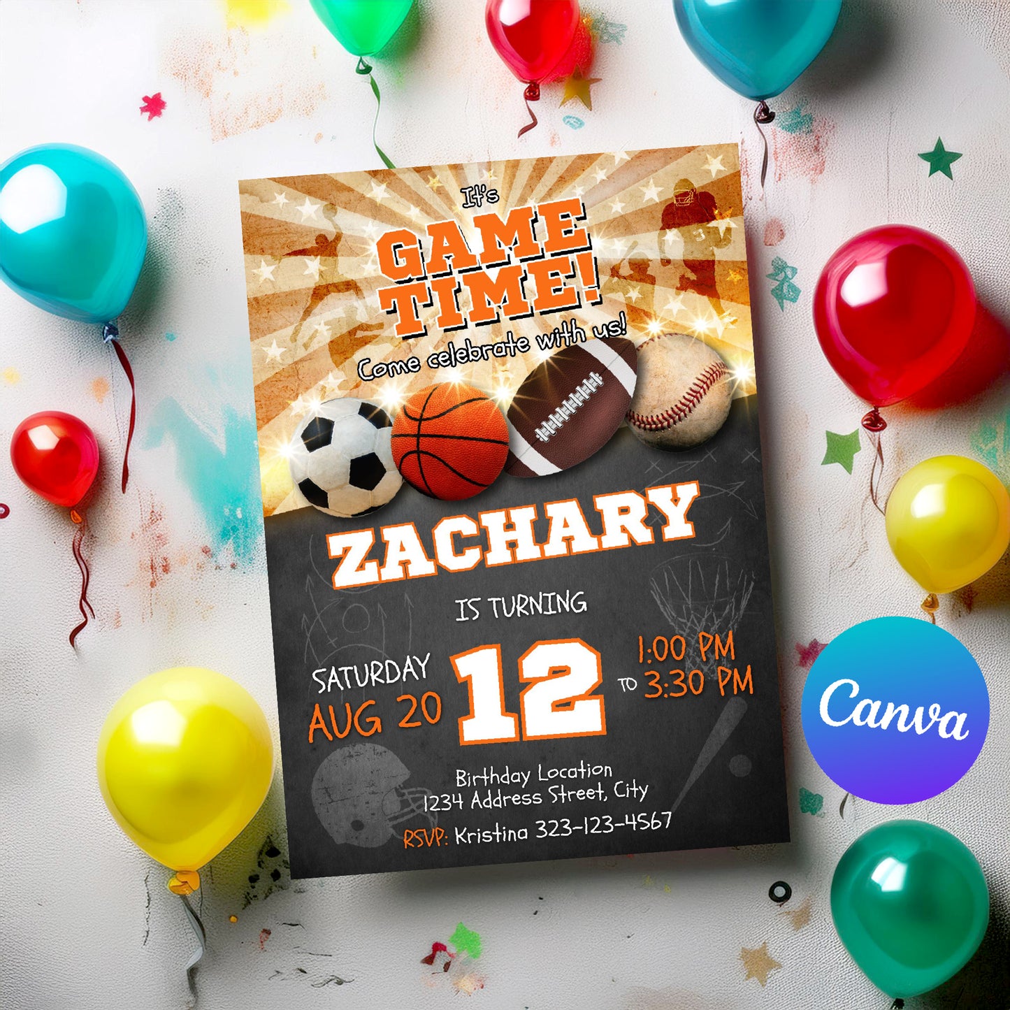 Assorted sports birthday invitation digital download