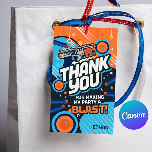 A personalized party favor tag hanging from a white gift bag with red and blue ribbons. The tag features a colorful cartoon blaster graphic and the text 'THANK YOU FOR MAKING MY PARTY A BLAST! -ETHAN'.
