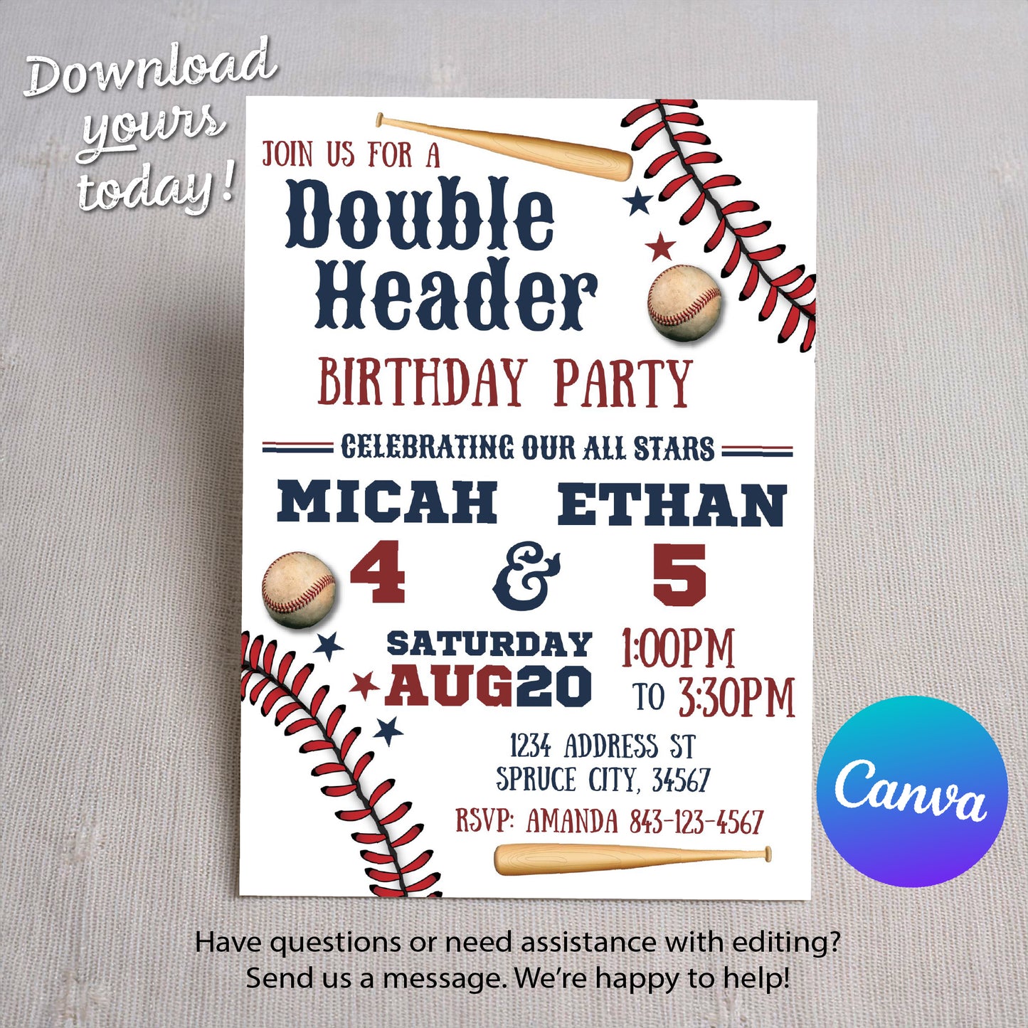 Double Header baseball birthday invitation