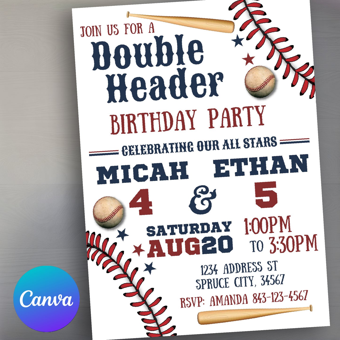 Double Header baseball birthday invitation