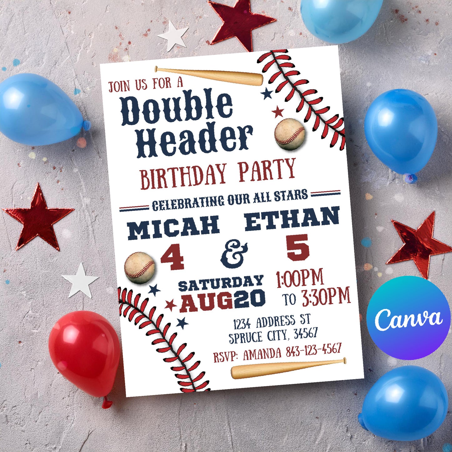 Double Header baseball birthday invitation
