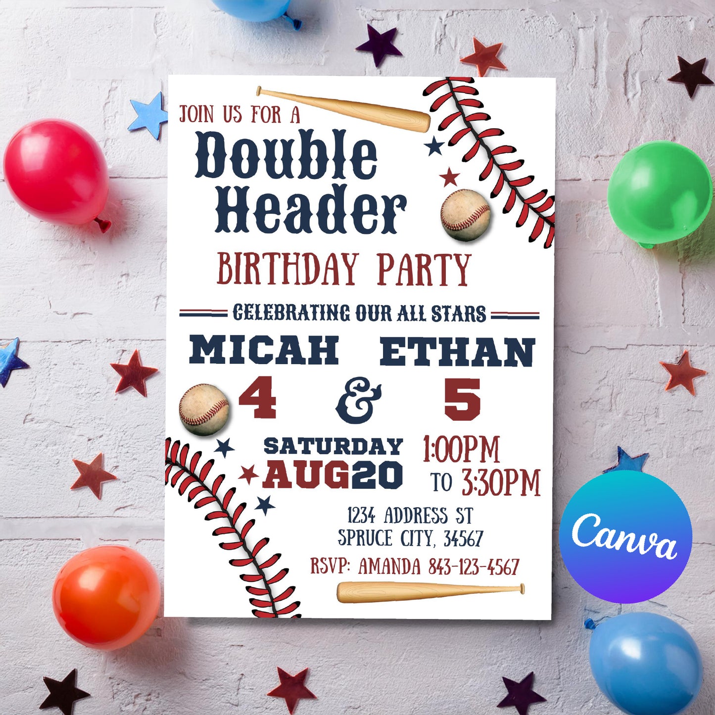 Double Header baseball birthday invitation