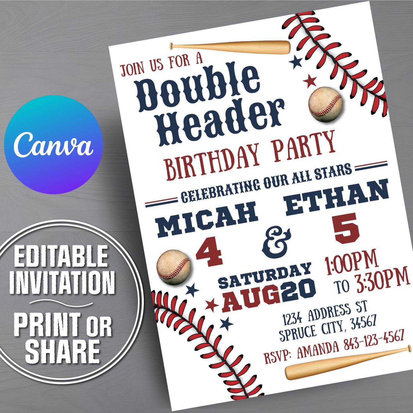 A baseball-themed double header birthday party invitation card displayed on a gray textured background, with two circular badges reading 'Canva' and 'Editable Invitation Print or Share'. The invitation features red and navy blue text, baseball illustrations, and a wooden bat graphic.