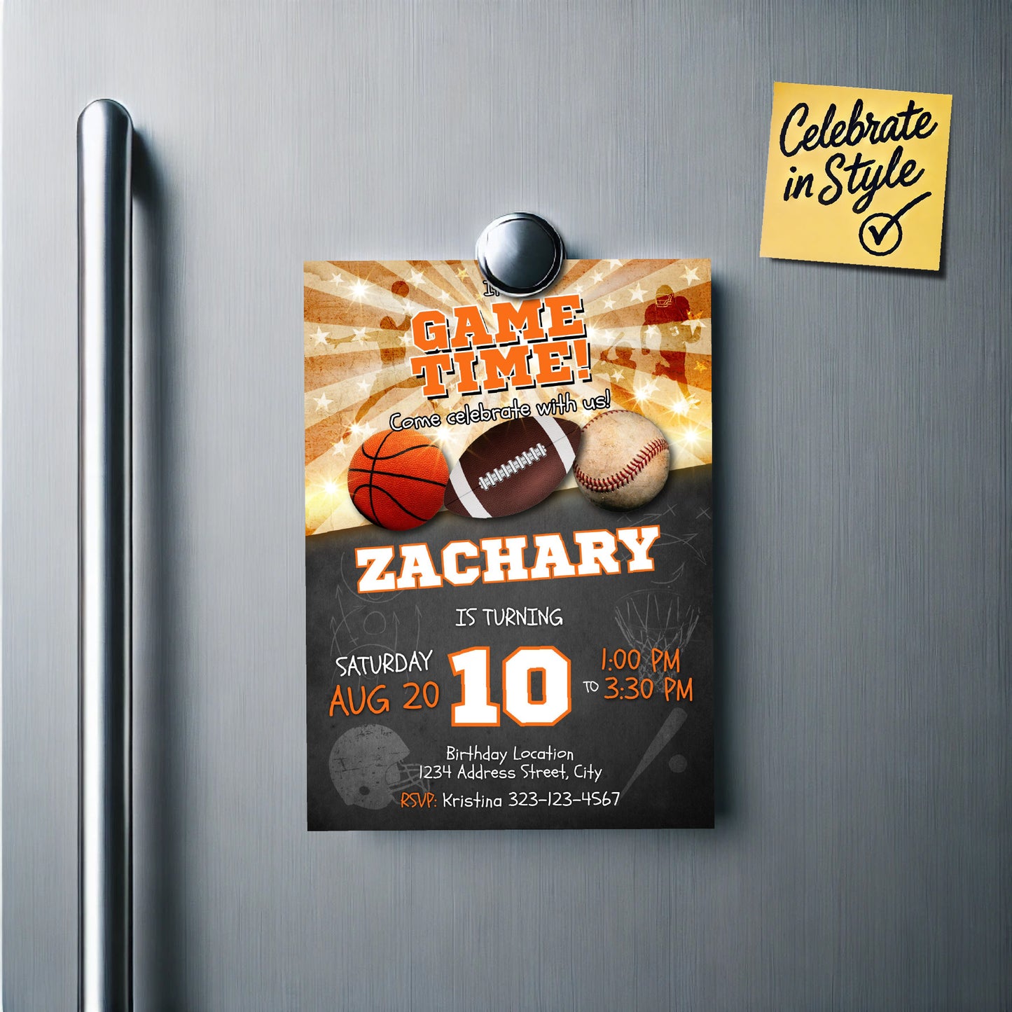 Sports birthday invitation Basketball Football Baseball
