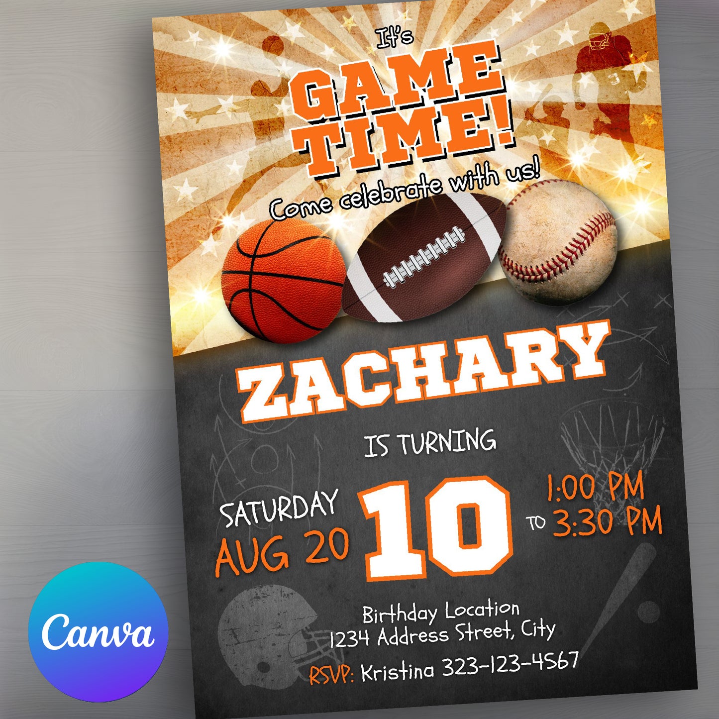 Sports birthday invitation Basketball Football Baseball