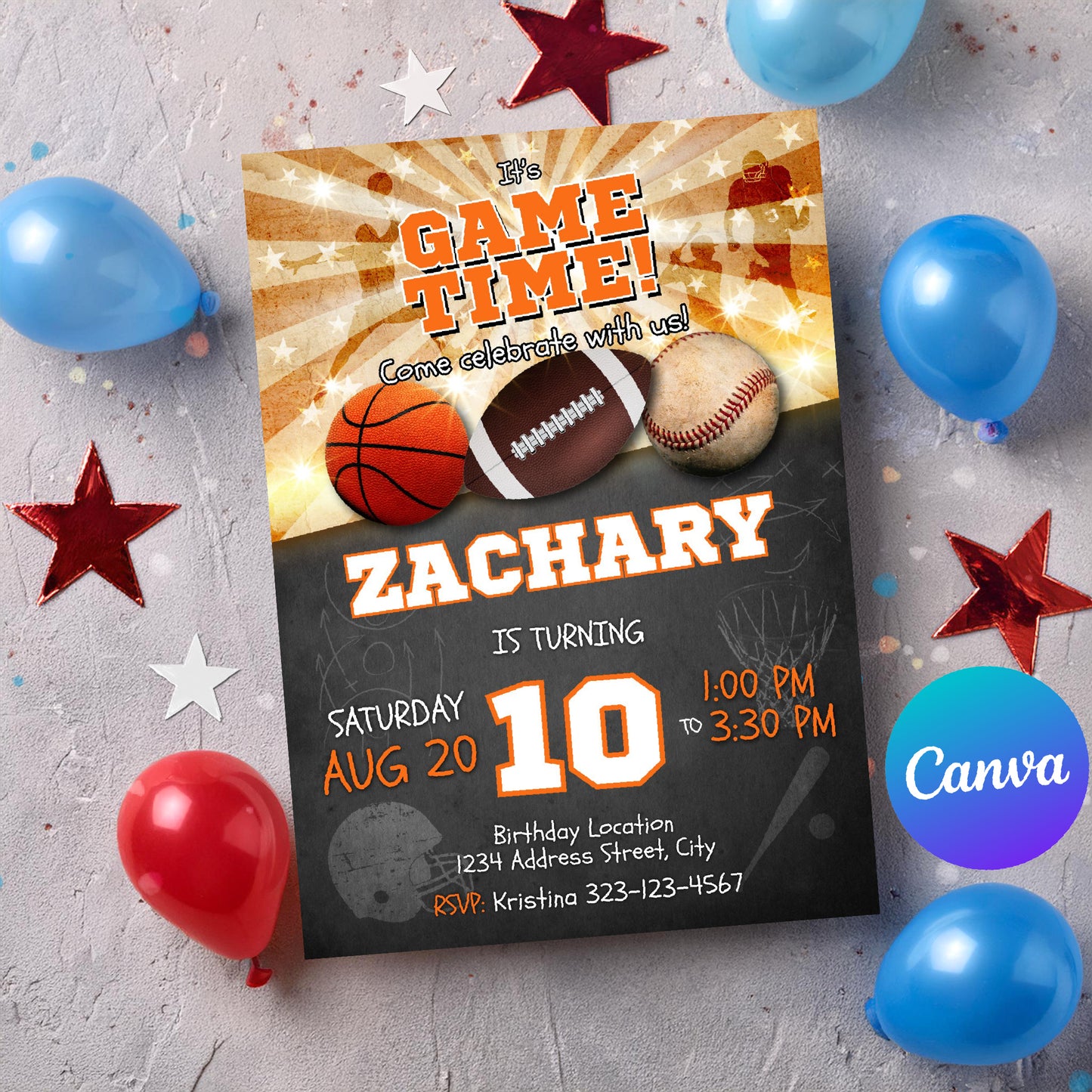 Sports birthday invitation Basketball Football Baseball