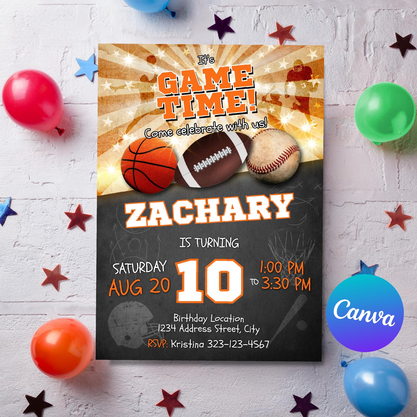 Sports birthday invitation Basketball Football Baseball
