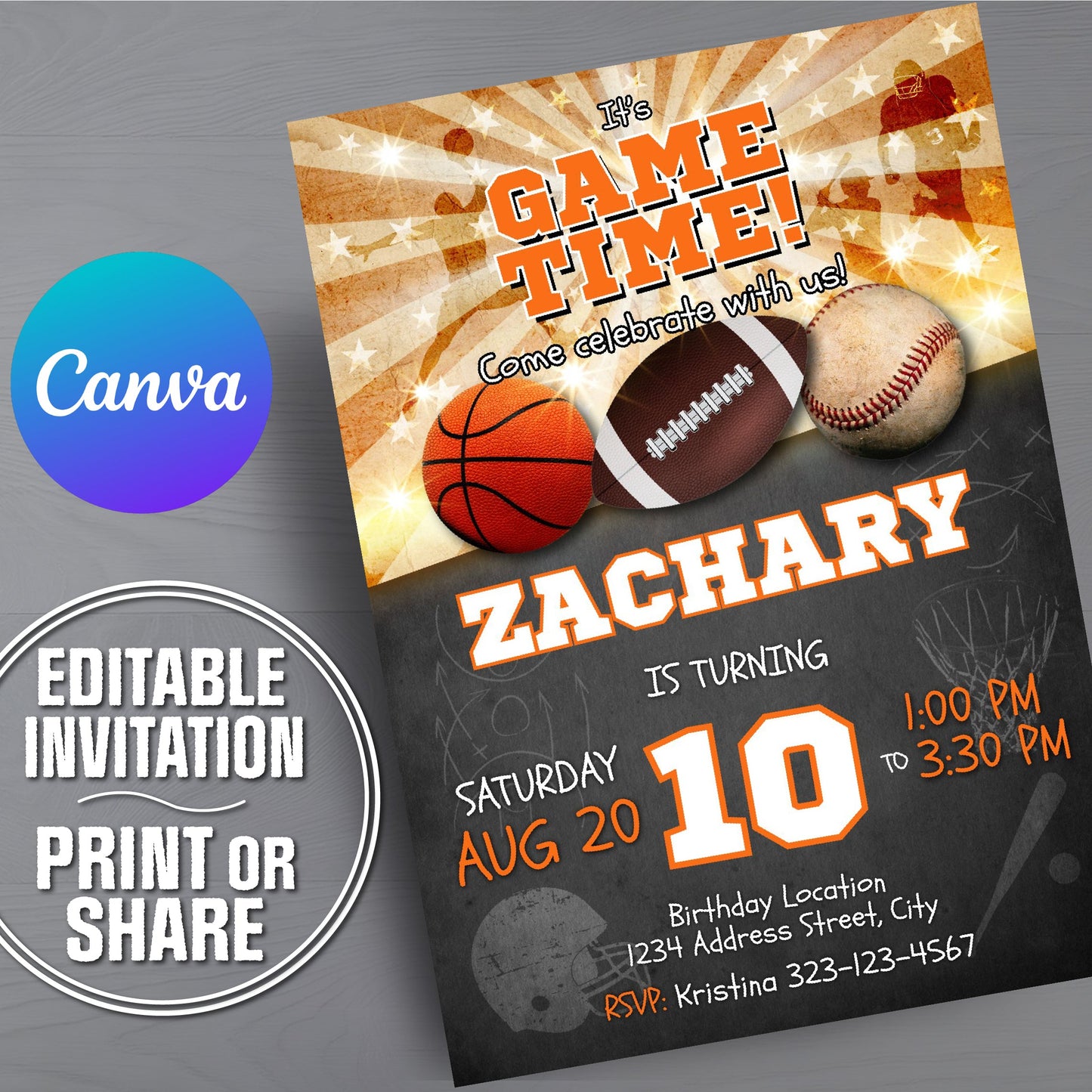 Birthday invitation card with sports elements and Canva branding