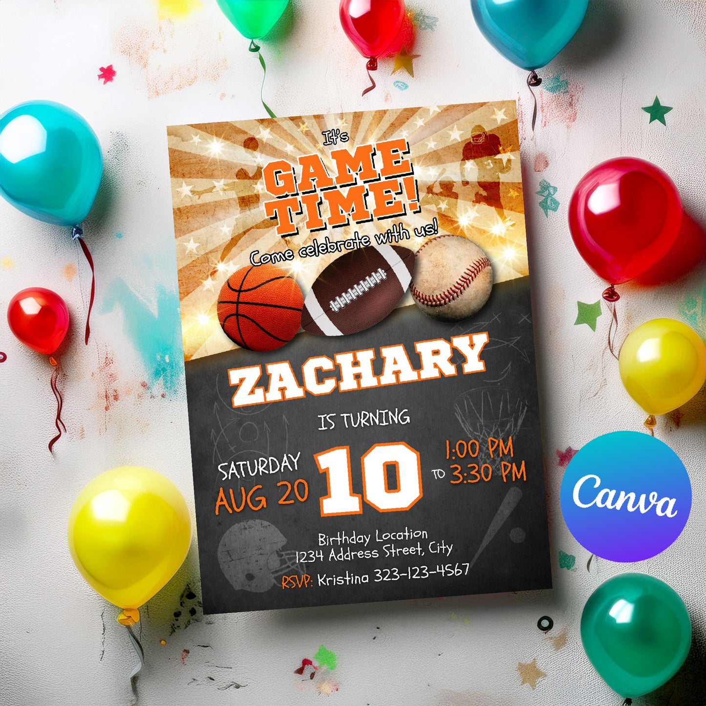 Sports birthday invitation Basketball Football Baseball