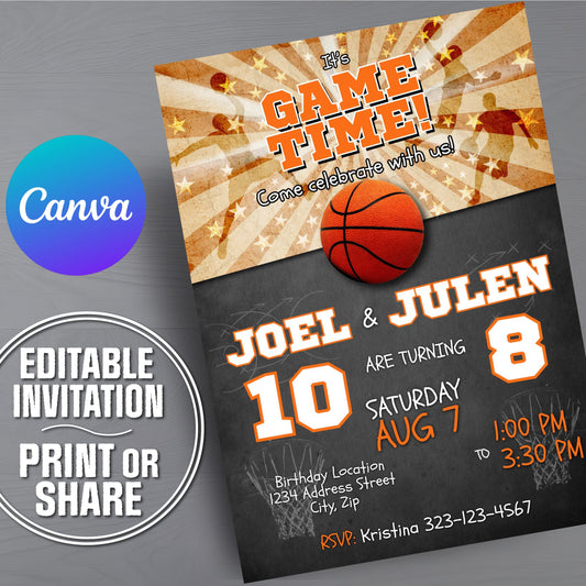 Basketball-themed birthday invitation with Canva logo on a gray background