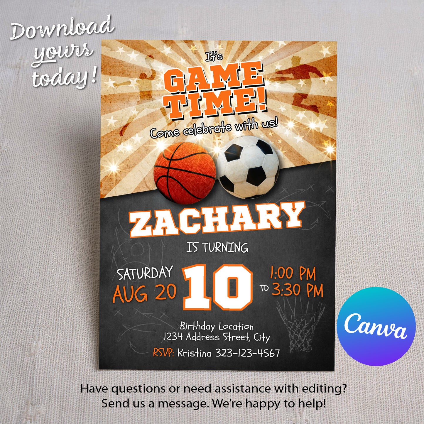 Joint Sports birthday invitation soccer basketball Double Header