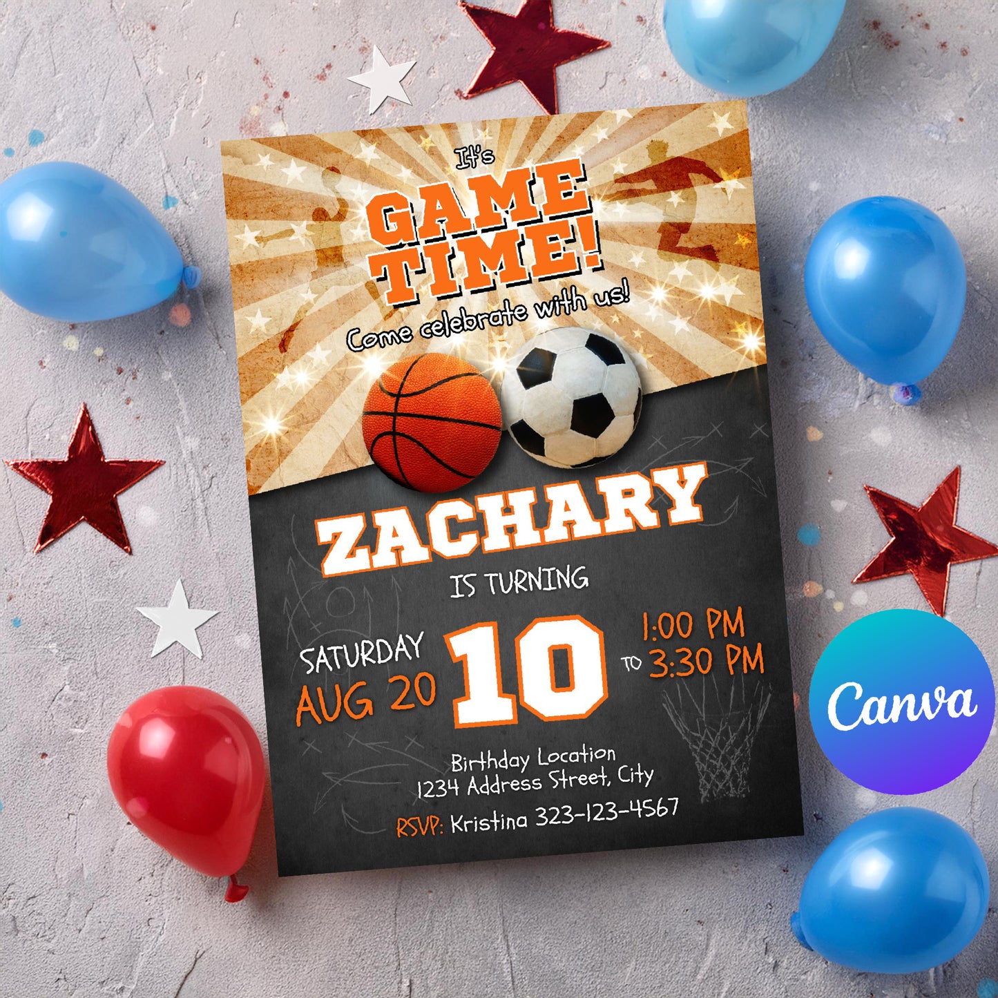 Joint Sports birthday invitation soccer basketball Double Header