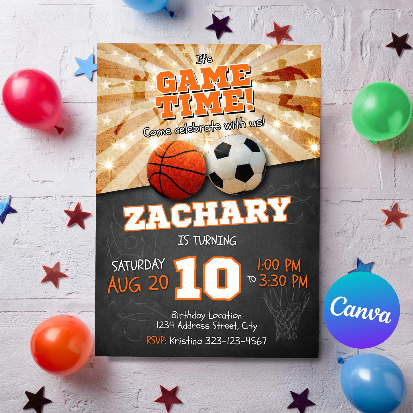 Joint Sports birthday invitation soccer basketball Double Header