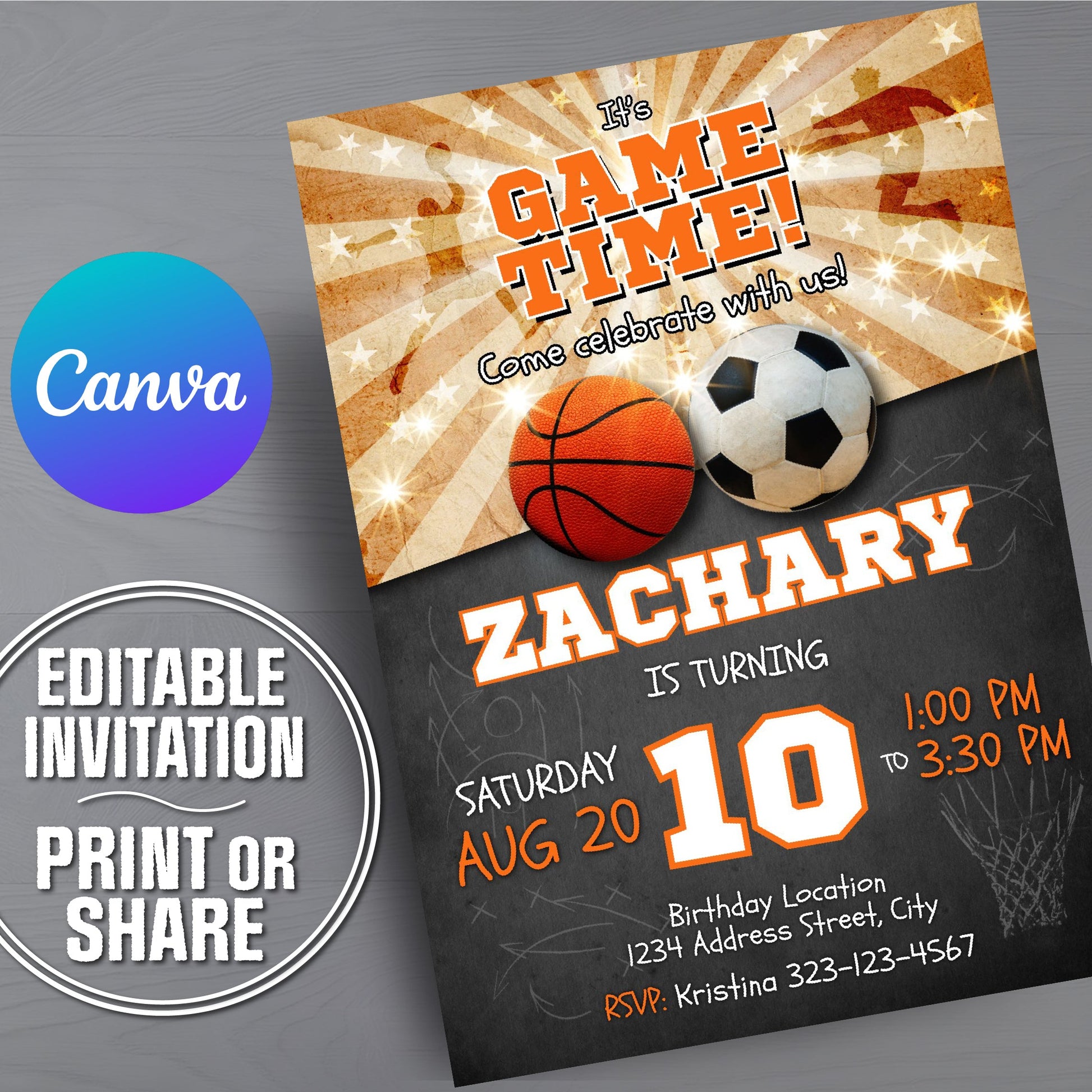 Invitation card for a birthday party with sports theme on a gray background
