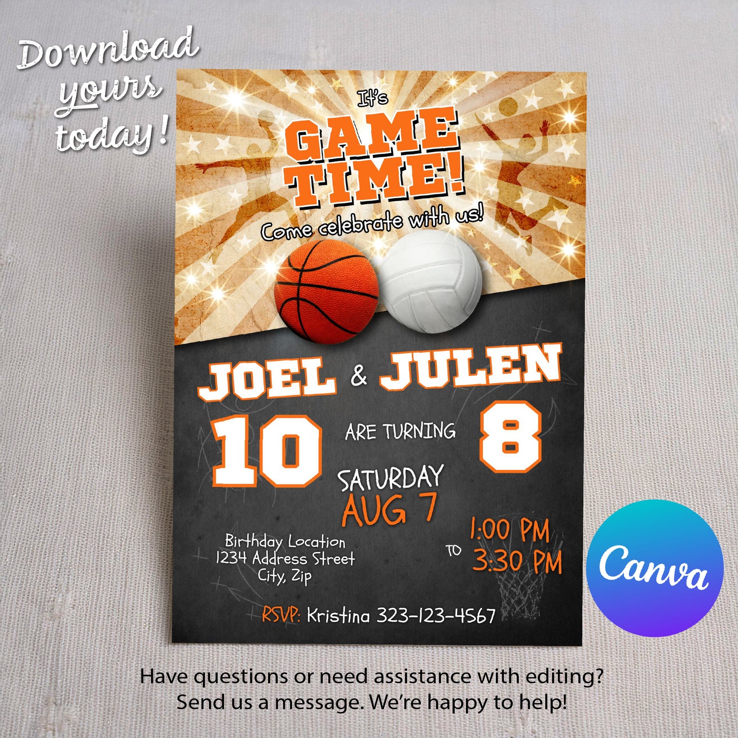 Sports Birthday Invitation | Basketball & Volleyball Joint Party