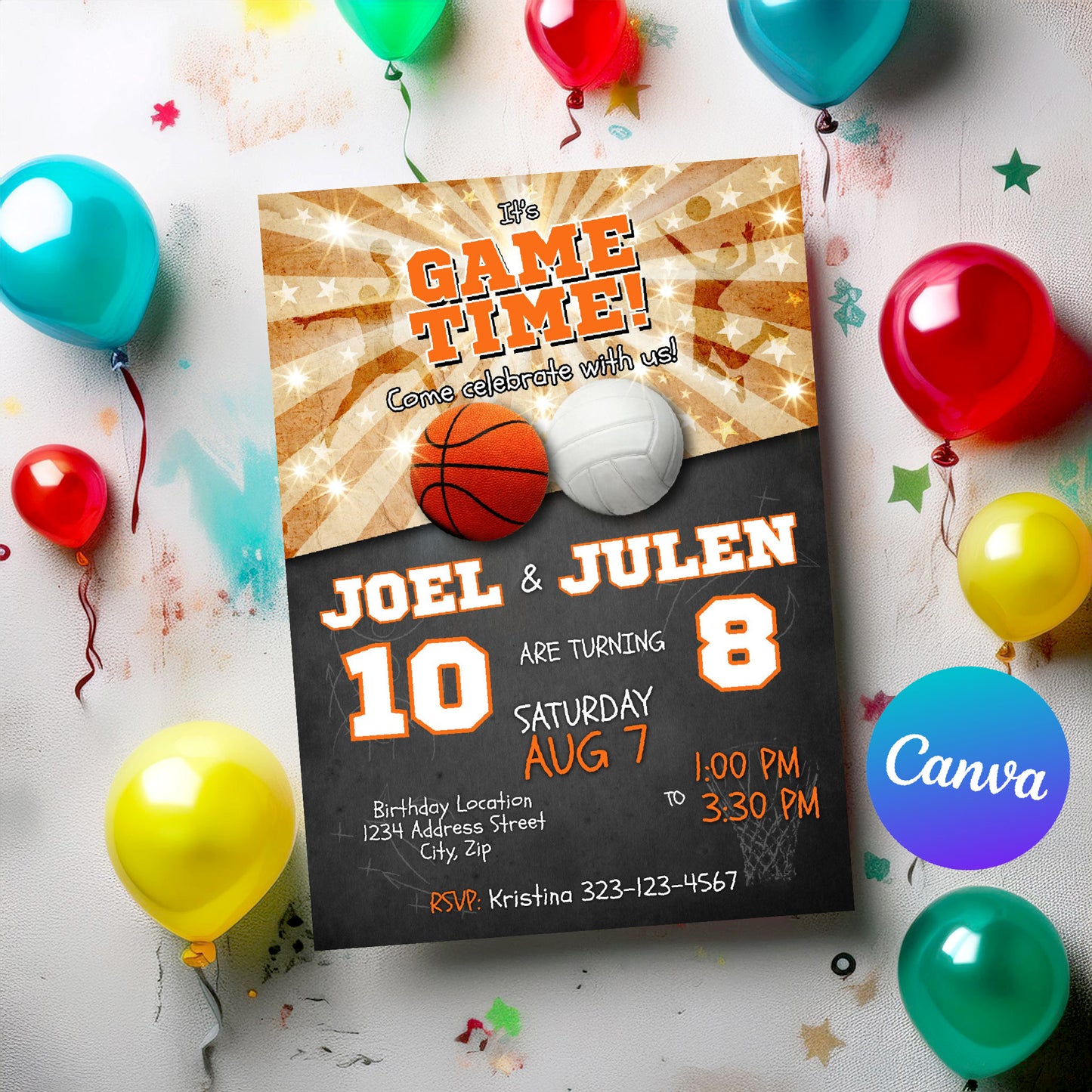 Sports Birthday Invitation | Basketball & Volleyball Joint Party